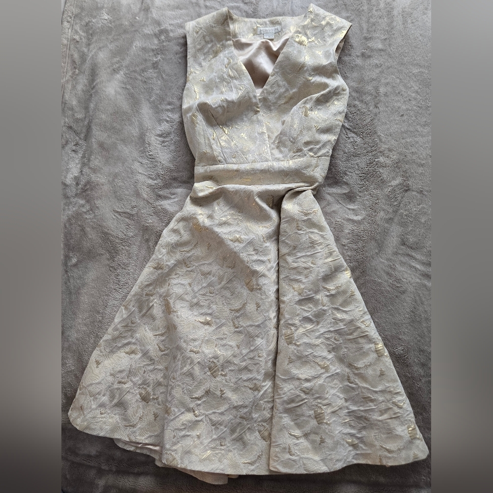 Monsoon silk dress, Cream and Gold, devore silk, V-Neck Fit & Flare midi dress 4